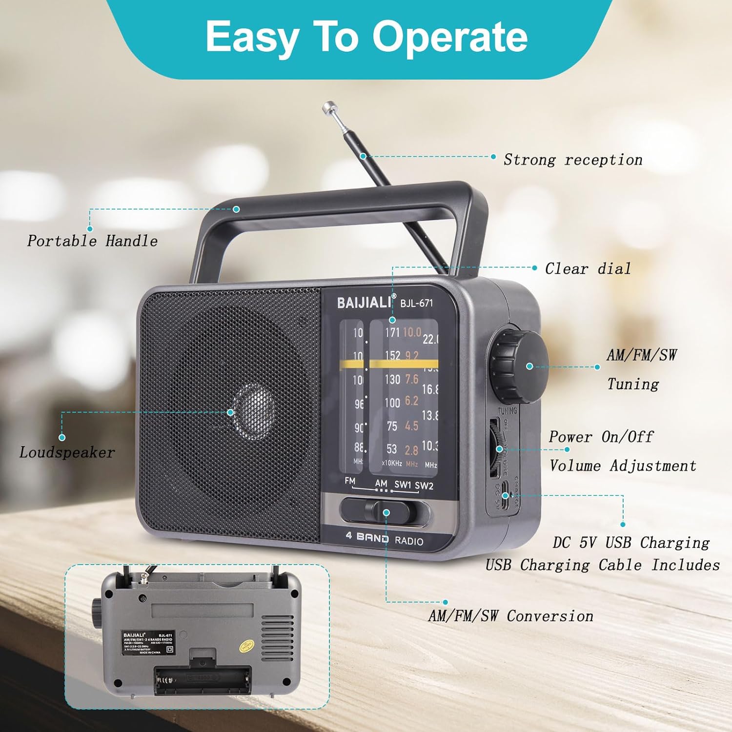 Detalle de BJL-671 Portable AM/FM Transistor Radio with USB 1️⃣