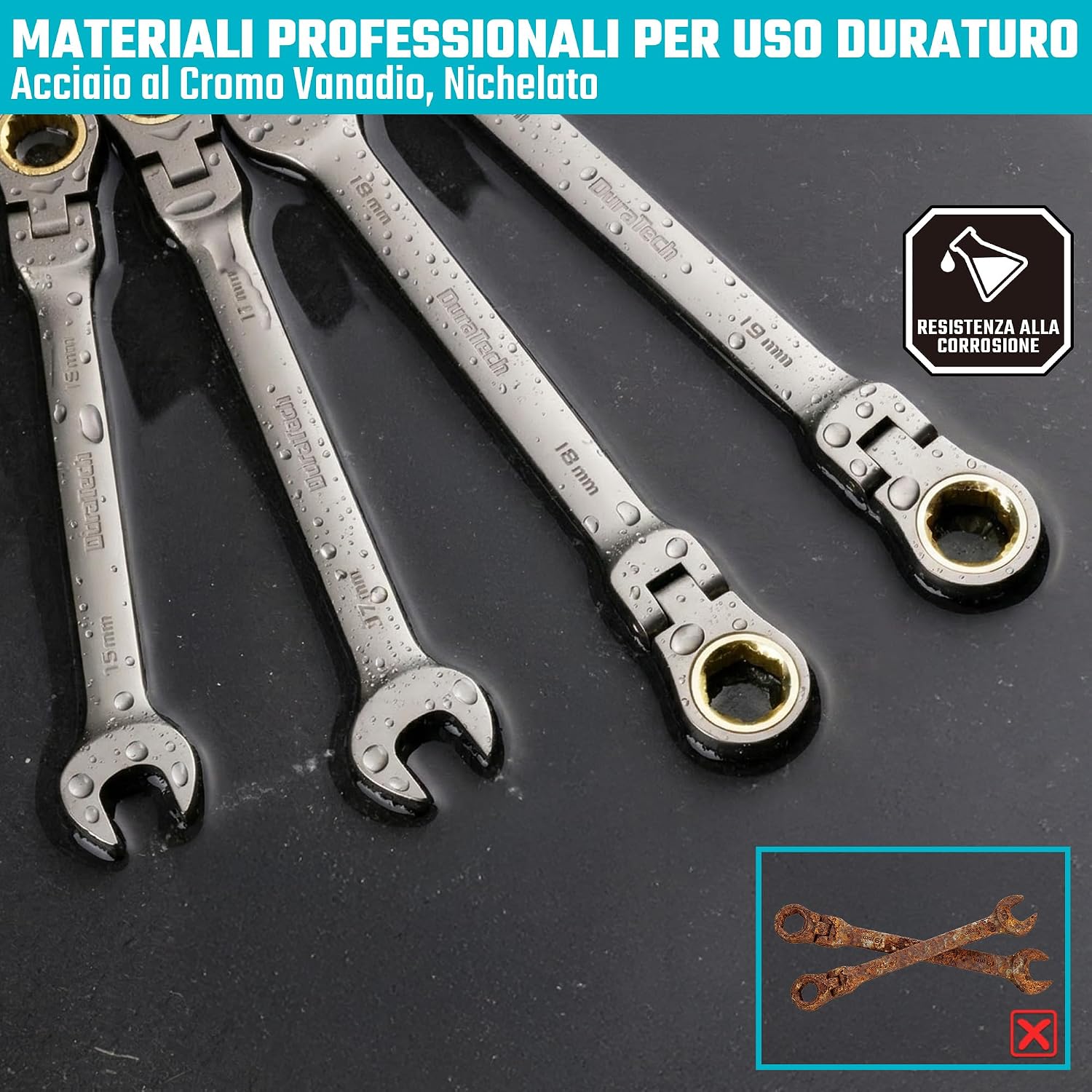 Detalle de DURATECH set di 12 chiavi combinate a cricchetto con testa flessibile CR-V, 8–19 mm, 72 denti in valigetta
