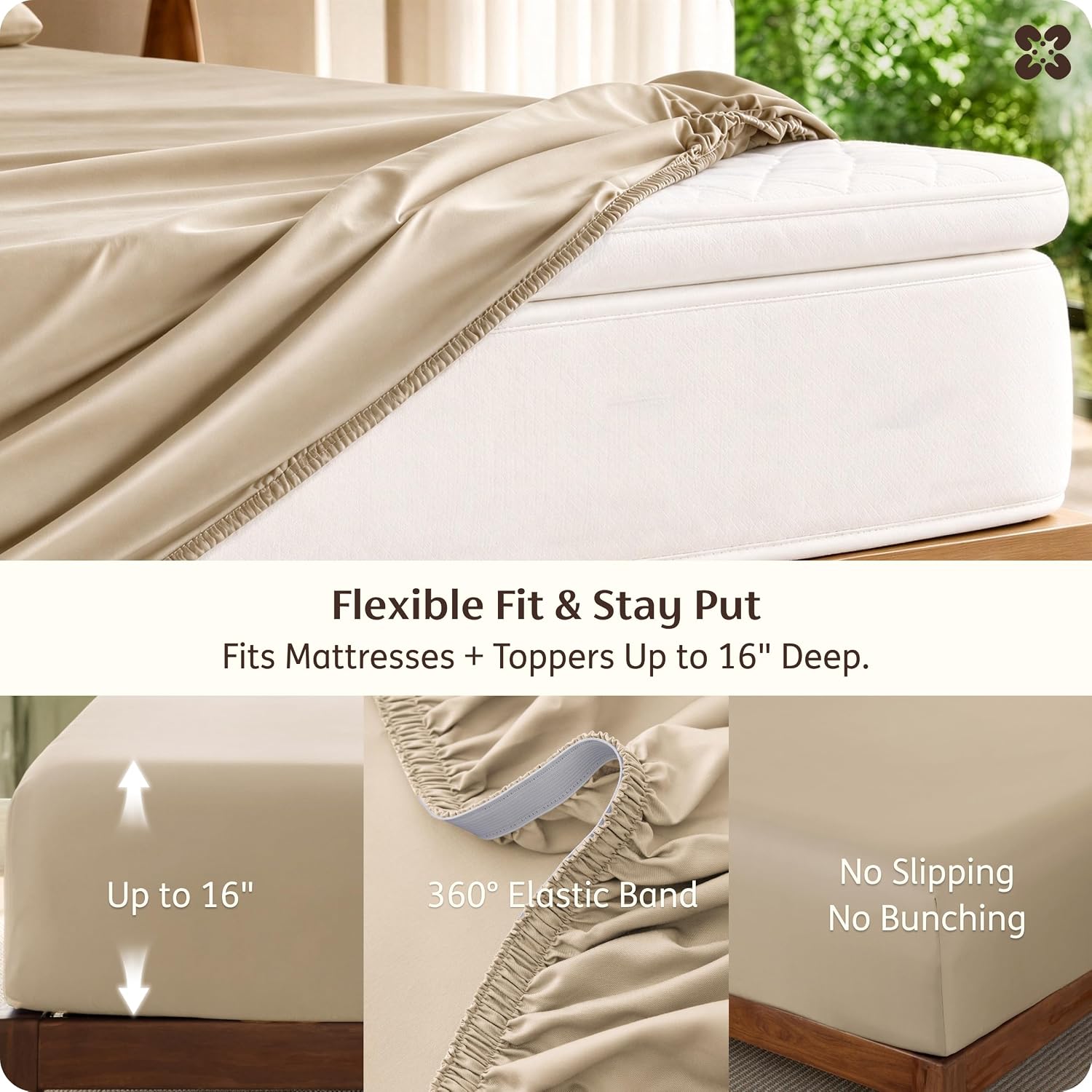 Detalle 1 de Bedsure King Bamboo Rayon Sheet Set, 4-Piece, Beige, Deep-Pocket Fit