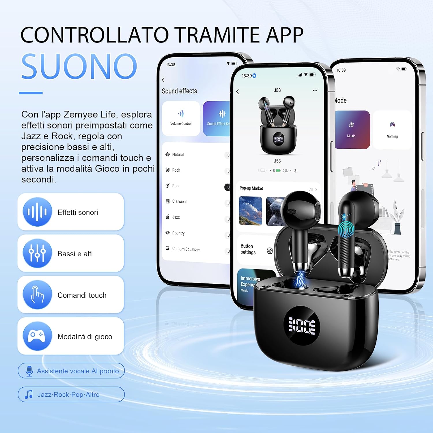 Detalle de Cuffie Bluetooth 5.4 con App Personalizzabile Zemyee Life – In Ear, 60 Ore, IP7