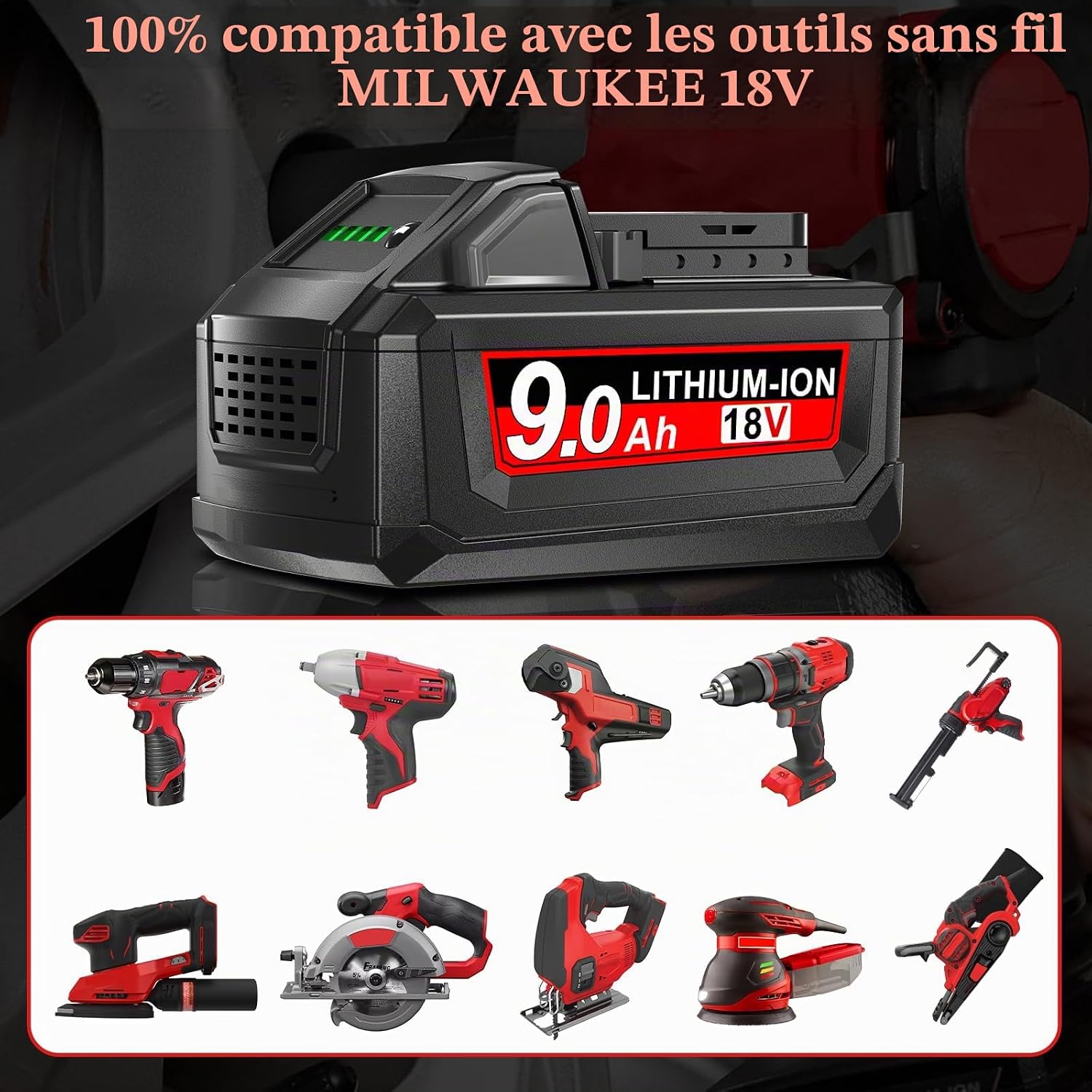 Detalle 1 de POWTREE 2 x 9,0 Ah accu voor Milwaukee M18, 18 V met ledindicator