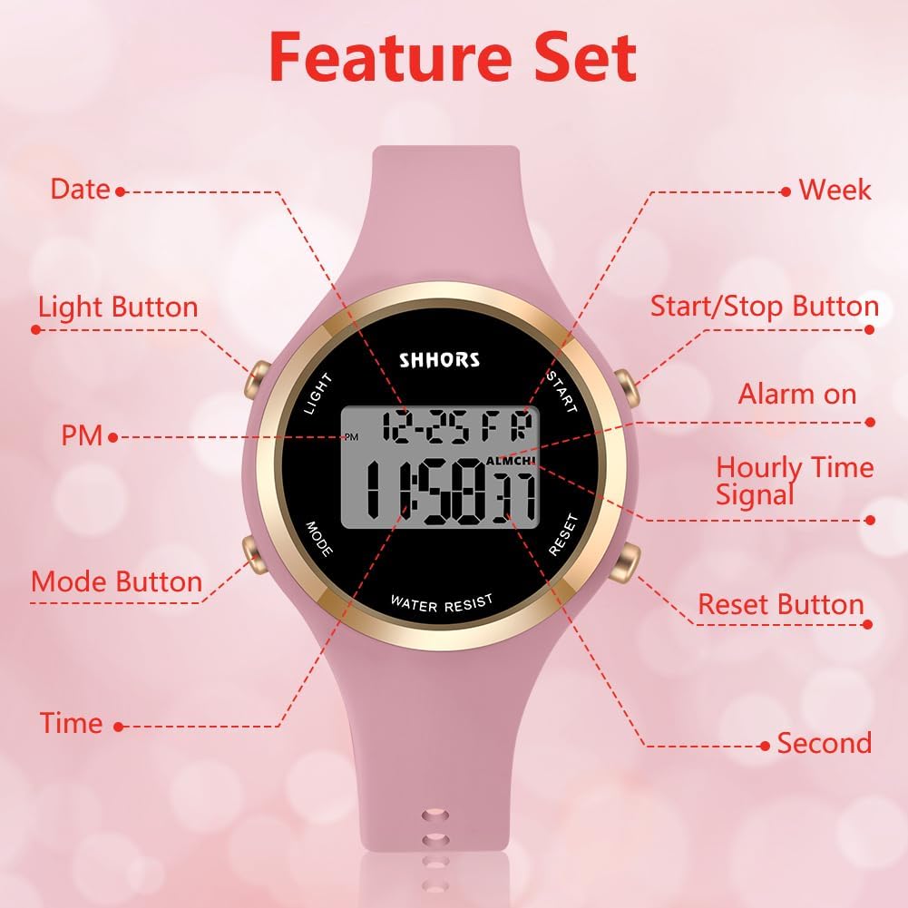 Detalle de OFFCUP Damenuhr – digitale LED-Uhr mit Wecker, Stoppuhr, Datum und Silikonarmband