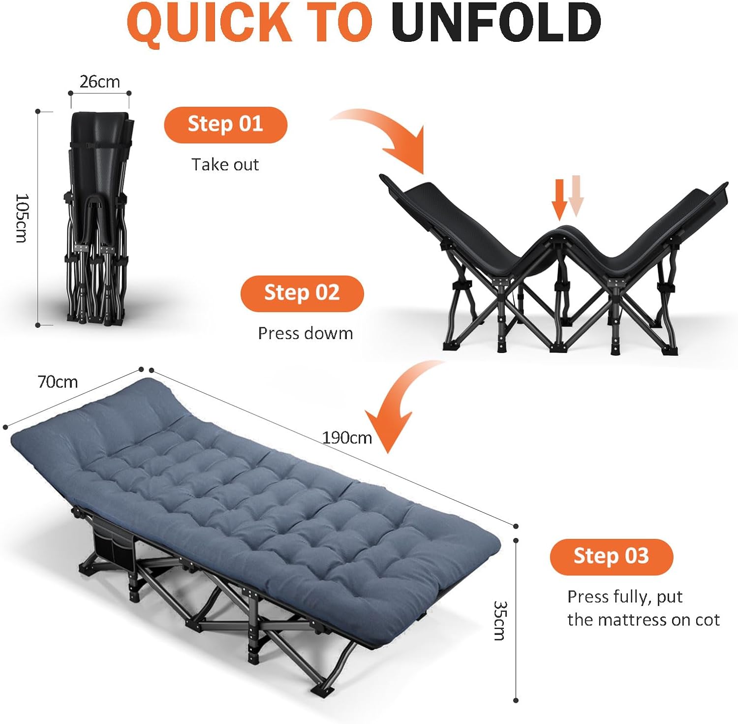Thumbnail 3 de Portable camp bed with cushion, 450 lbs cot