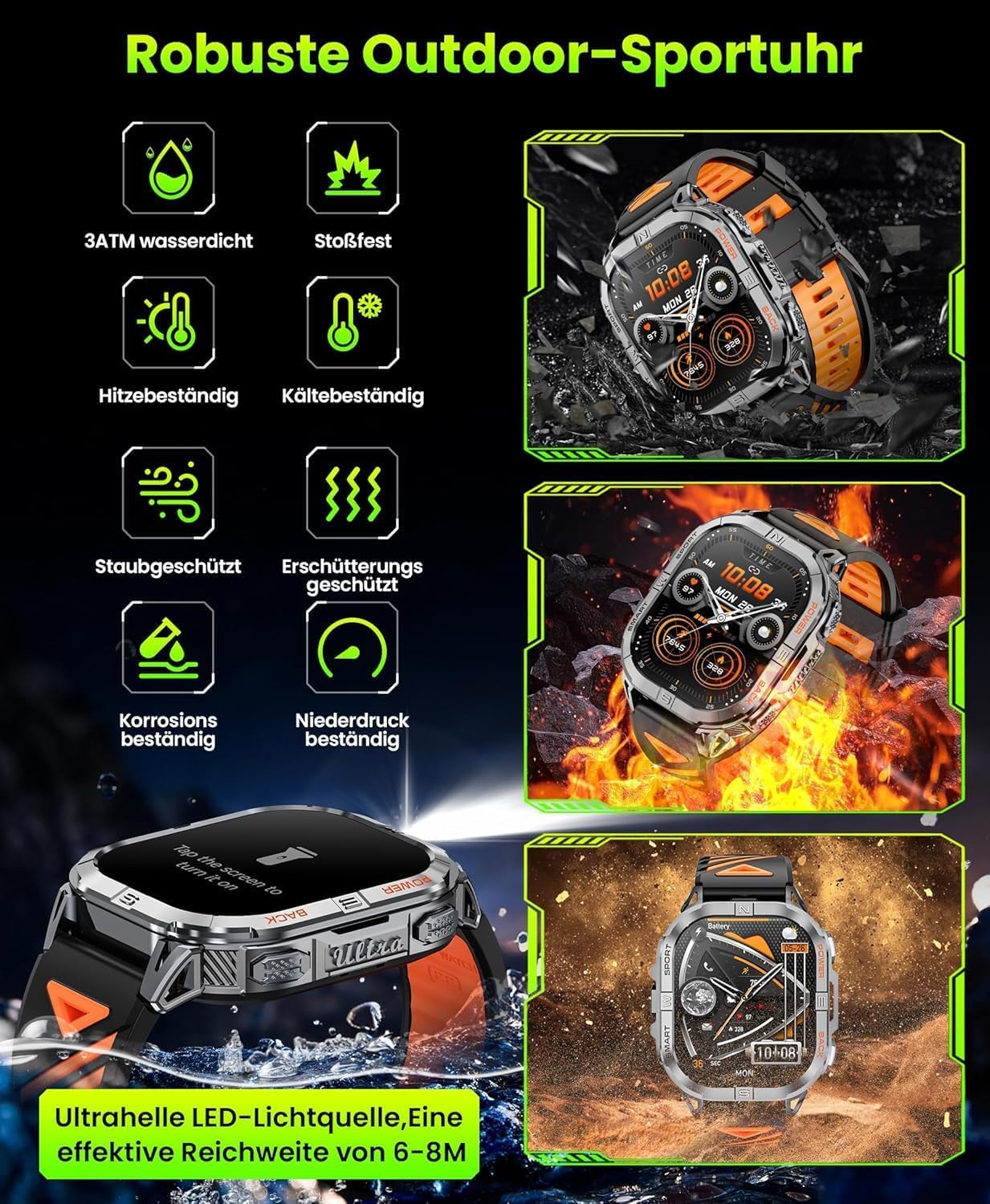 Detalle de Joautrial GPS Montre Connectée Homme – 2,13" AMOLED, boussole, torche LED et 100+ modes sportifs