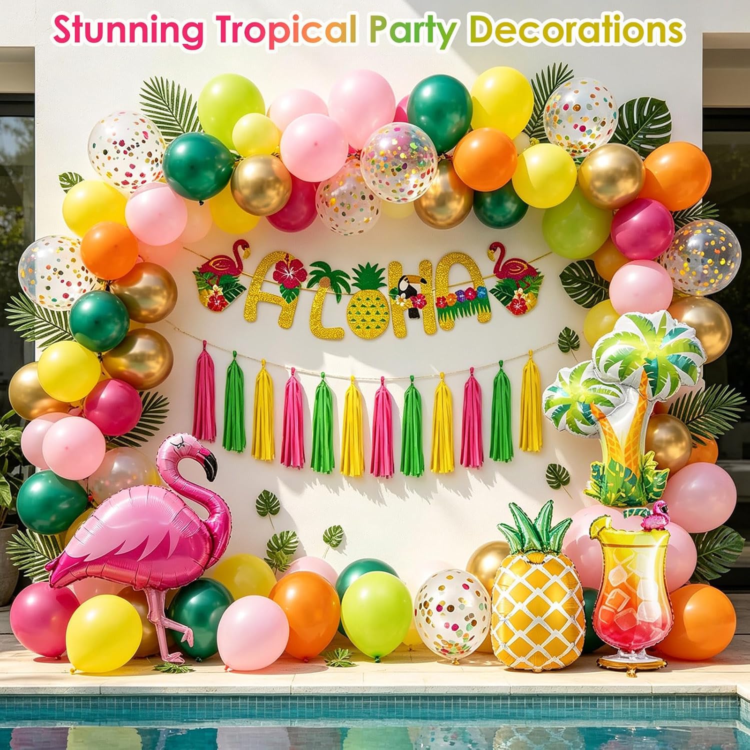 Detalle de Hawaii Party Deko Set – Tropische Ballon Girlande mit Flamingo, Ananas und Aloha Banner