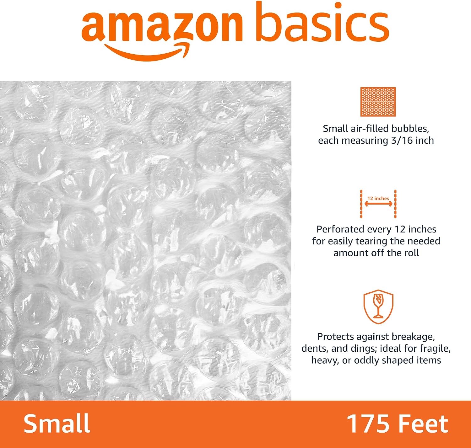 Detalle de Amazon Basics Bubble Wrap for Moving, 12-inch x 175-ft, Small 3/16" Perforated Clear