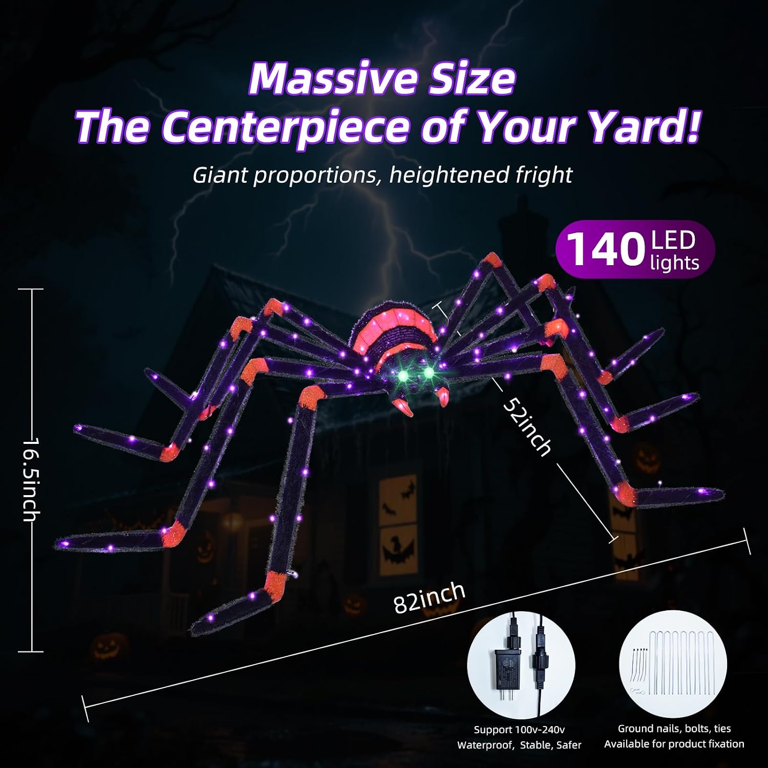 Detalle de HOYECHI HYC8601 Giant Halloween Spider Decoration, 115 LED Lights, Black