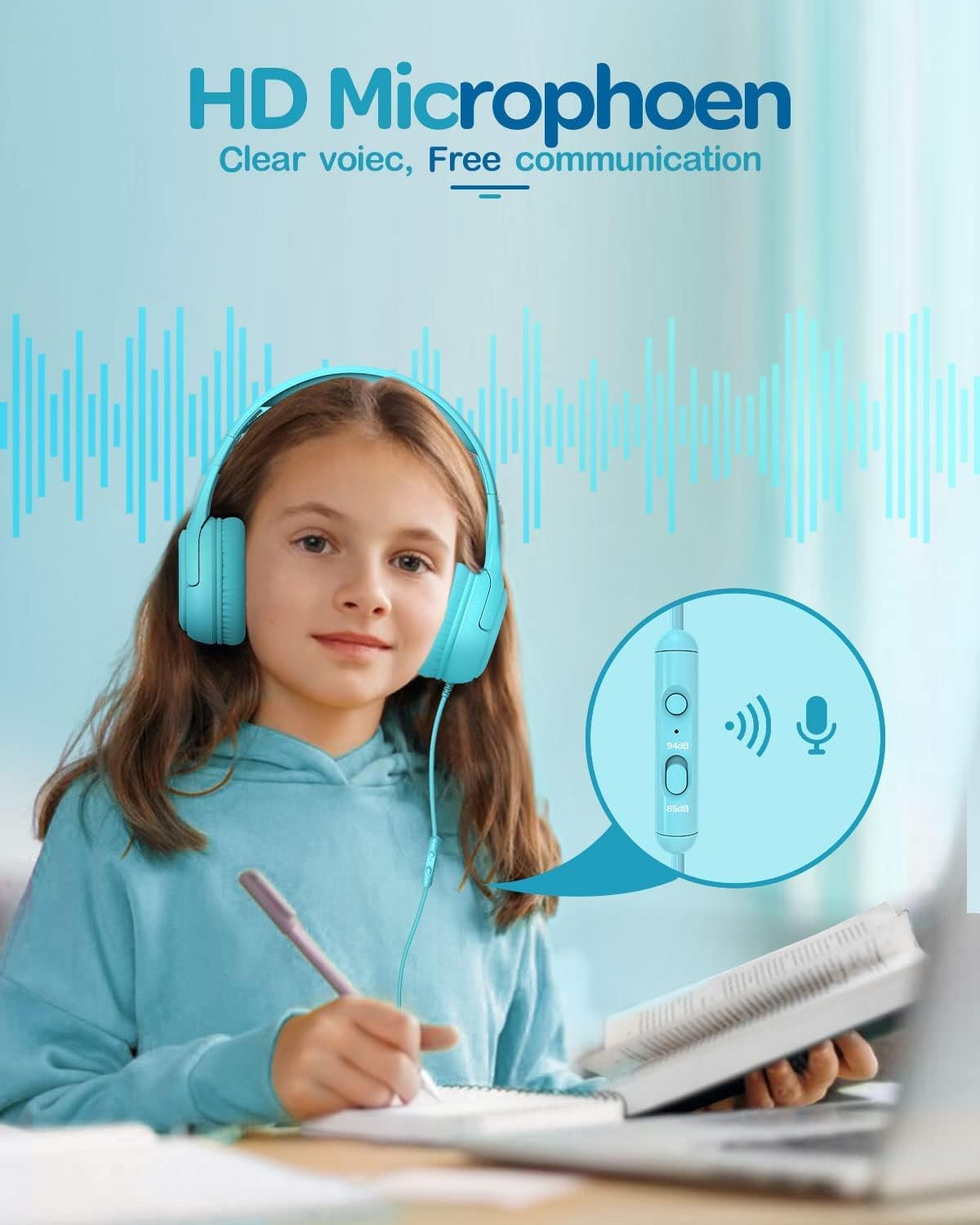 Thumbnail 2 de awatrue Kinder-Kopfhörer (Over Ear) mit Mikrofon & Lautstärkebegrenzer 85/94 dB – kabelgebunden, faltbar