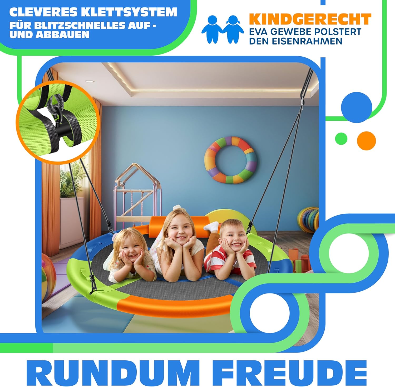Detalle 2 de KESSER Nestschaukel Tellerschaukel Ø120 cm – Rundschaukel mit Kissen, 4 Griffen, bis 300 kg belasten, Indoor & Outdoor