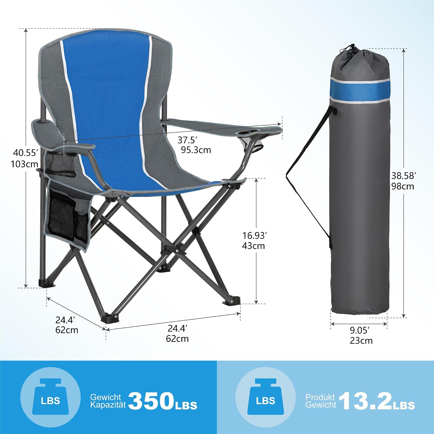 Detalle de LET’S CAMP Campingstuhl Klappstuhl faltbar mit Getränkehaltern & Tragetasche XL (bis 160 kg)