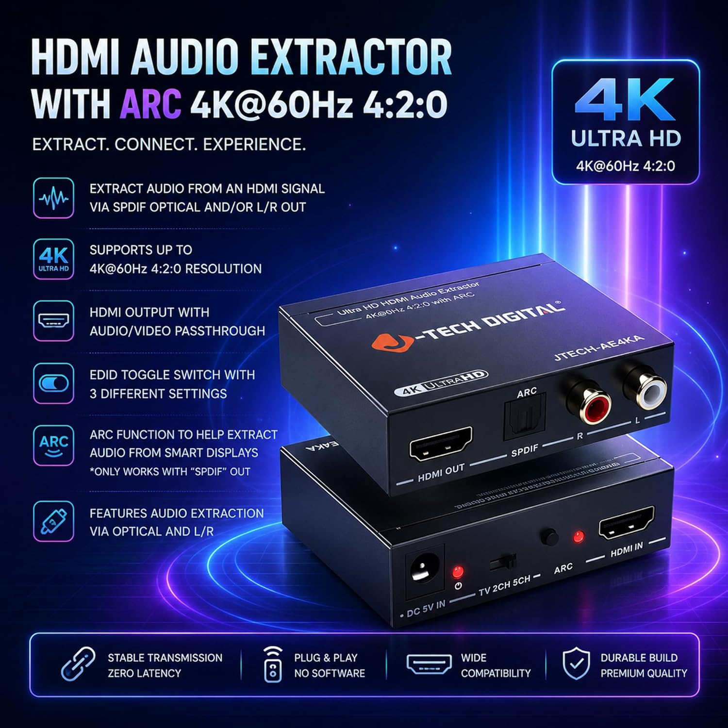 Detalle 2 de J-Tech Digital HDMI Audio Extractor 4K 60Hz with ARC Support (JTECH-AE4KA)