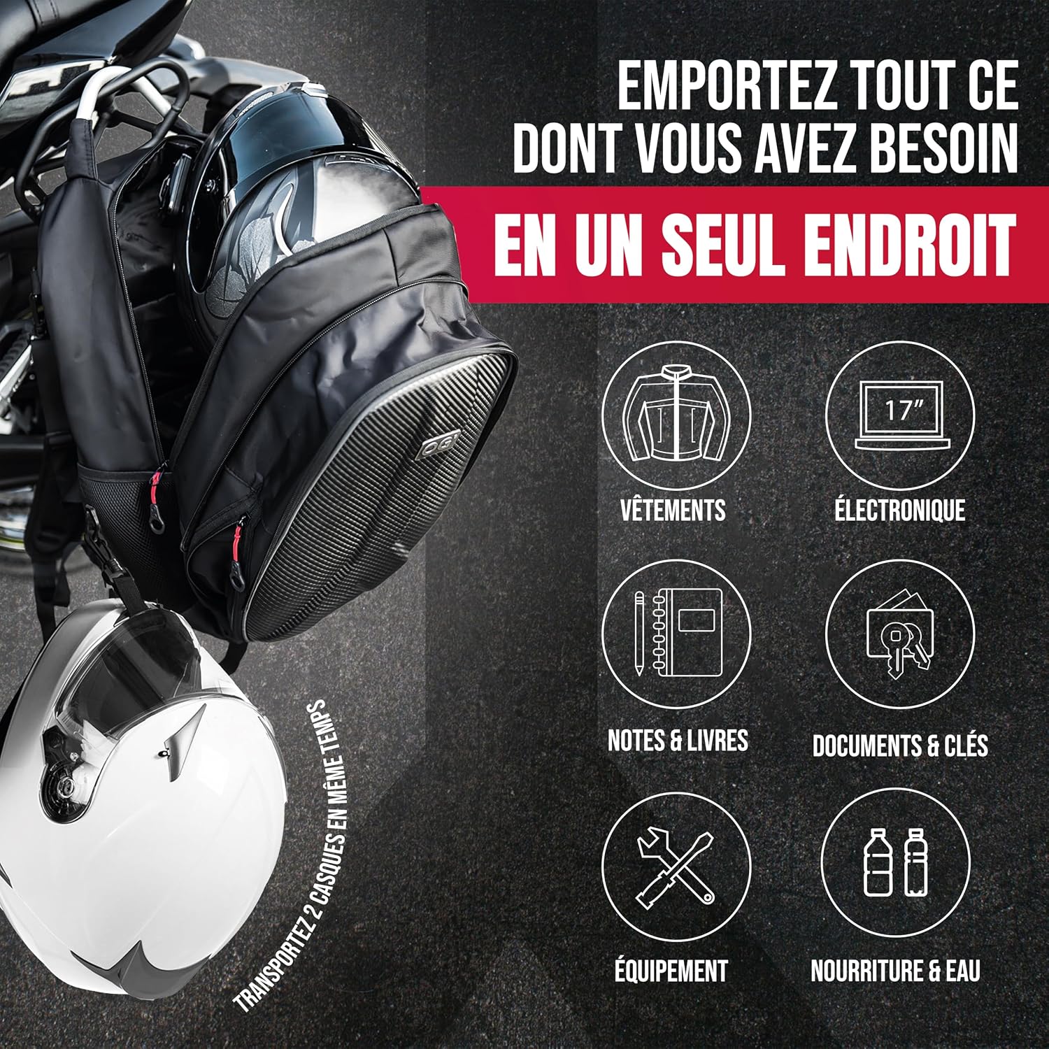 Detalle de OG Original GetAway sac à dos moto étanche extensible 35L/45L pour homme, compartiment casque et USB