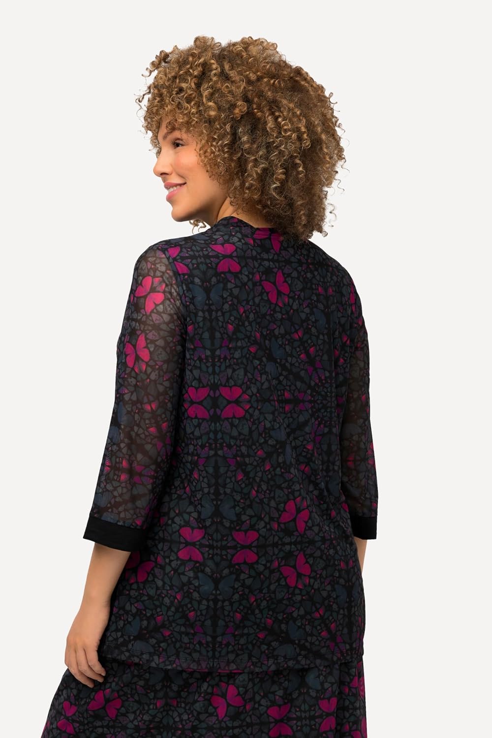 Detalle de Ulla Popken Femme Grandes Tailles T-Shirt en Mesh à Col Montant et Manches 3/4, Ligne A 821280