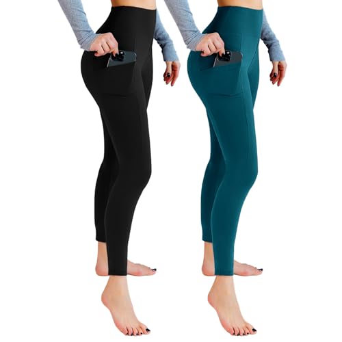 Detalle de Leafigure 2er-Pack Damen-Sportleggings, High Waist, blickdicht mit Seitentaschen