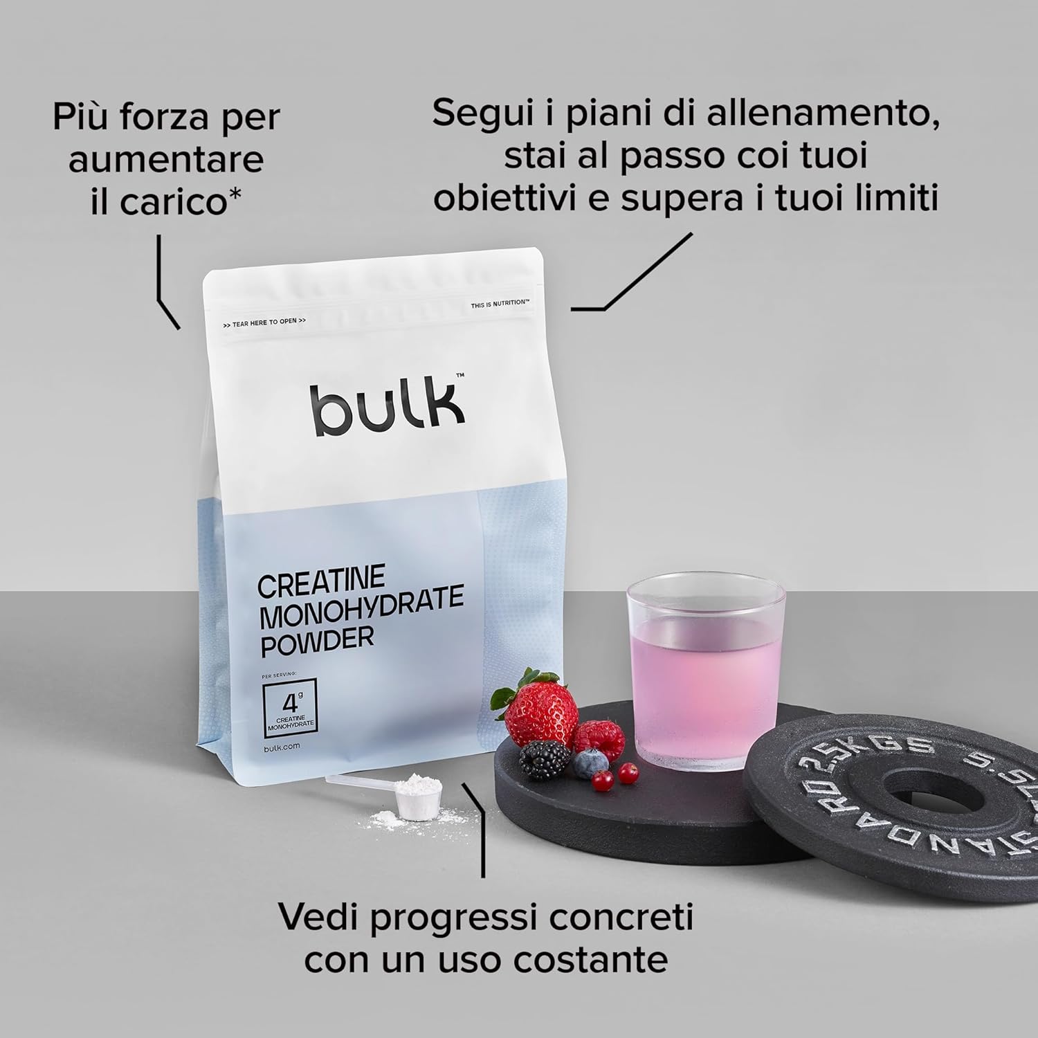 Detalle 2 de Bulk Creatina Monoidrato Polvere 500 g – 147 porzioni, gusto Frutti di bosco, vegano e Halal