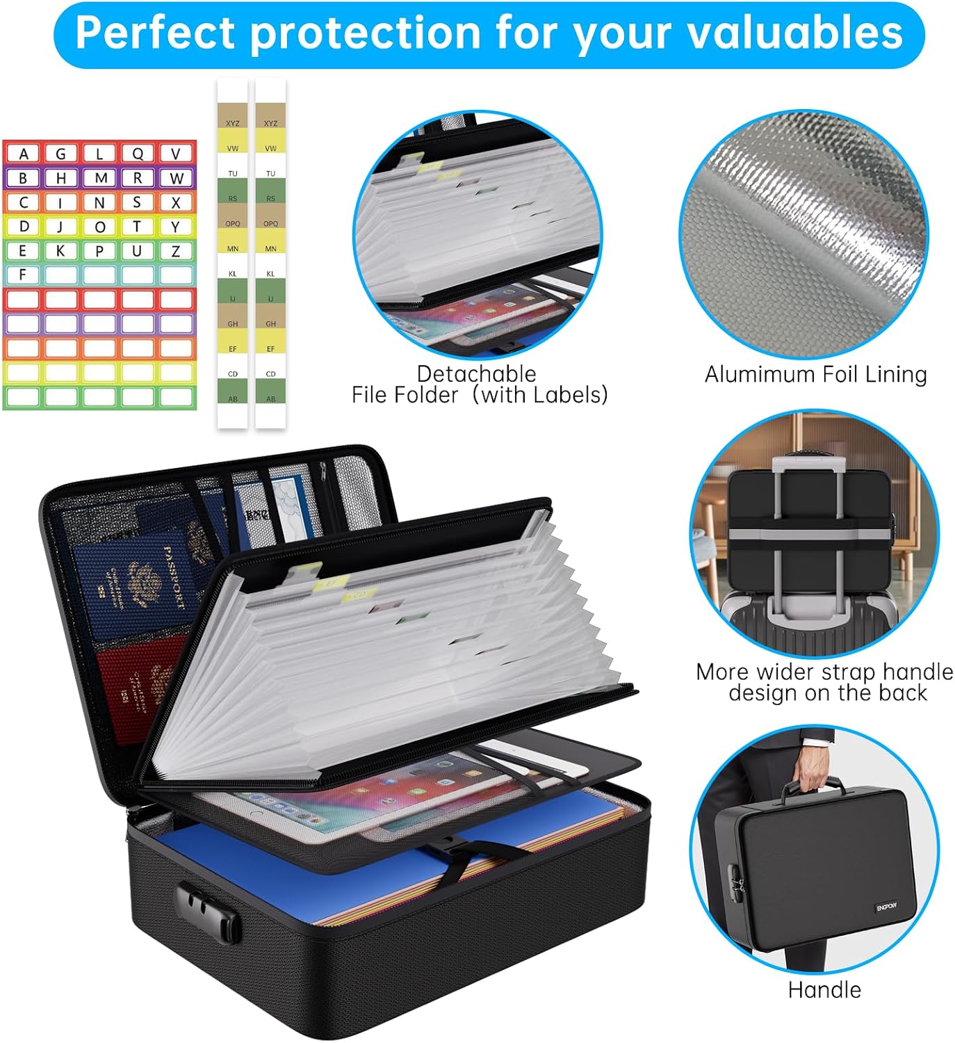 Detalle de ENGPOW EG056 Fireproof Document Organizer Bag with Lock, 13 Pockets