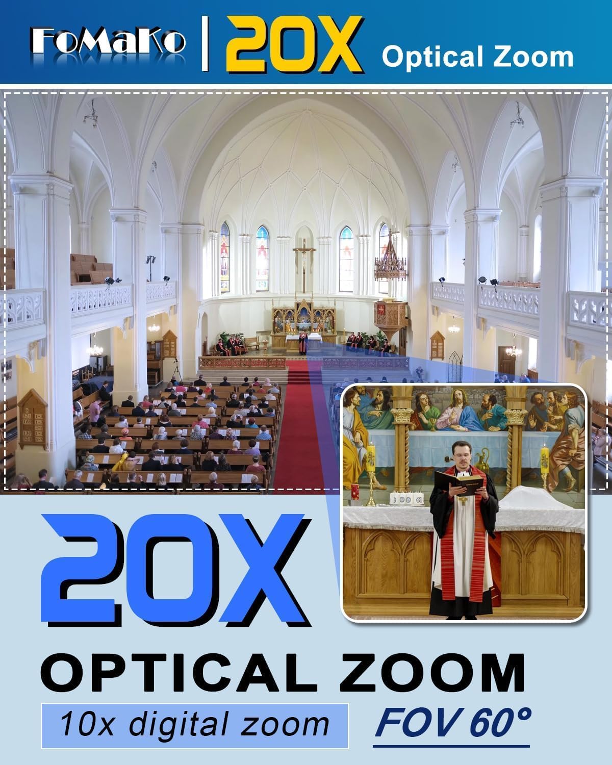 Detalle de FoMaKo 4K PTZ Kamera mit NDI HX3 – 20x optischer Zoom, KI-Tracking und Live-Streaming
