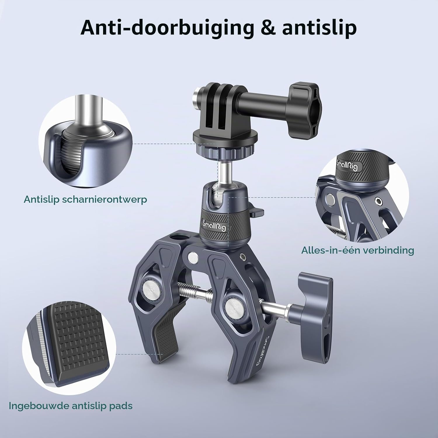 Detalle de SMALLRIG 4102B superklem met balhoofd, actiecamera-adapter en 1/4"-20-aansluiting
