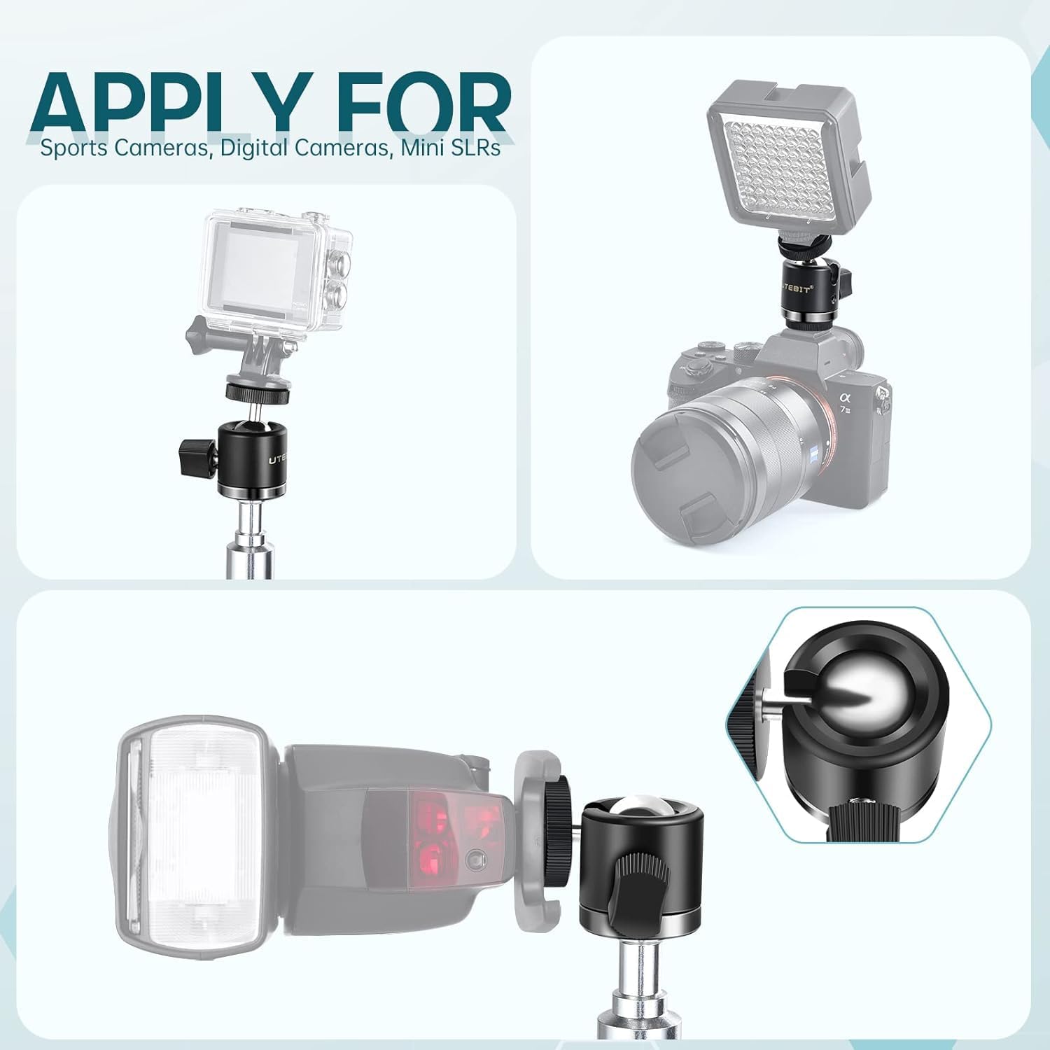 Thumbnail 3 de UTEBIT 360° Swivel Mini Ball Head with 1/4 Hot Shoe Mount for DSLR Cameras and Accessories