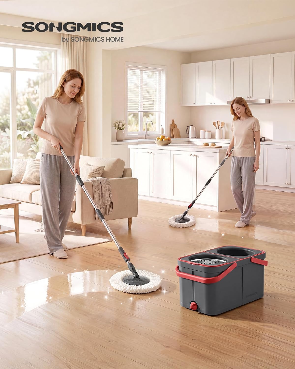 Detalle 2 de SONGMICS Clemax LMB004GT02 spinmop met emmer, schoon- en vuilwaterscheiding