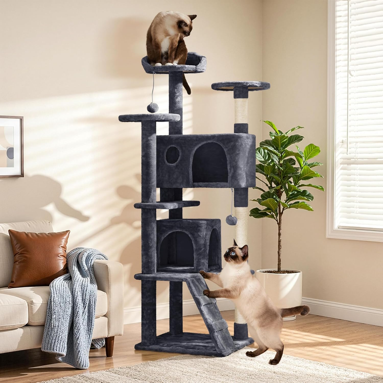Detalle 2 de Yaheetech 62in Cat Tree with 2 Condos, Sisal Posts and 7 Levels