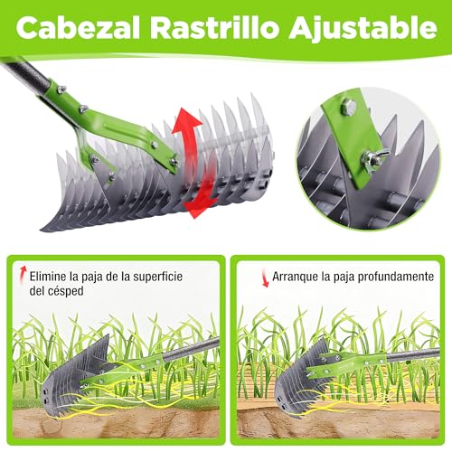 Detalle de WORKPRO Rastrillo Escarificador Césped 178 cm Heavy Duty Ajustable: escarificar con cabeza de 38 cm y mango telescópico