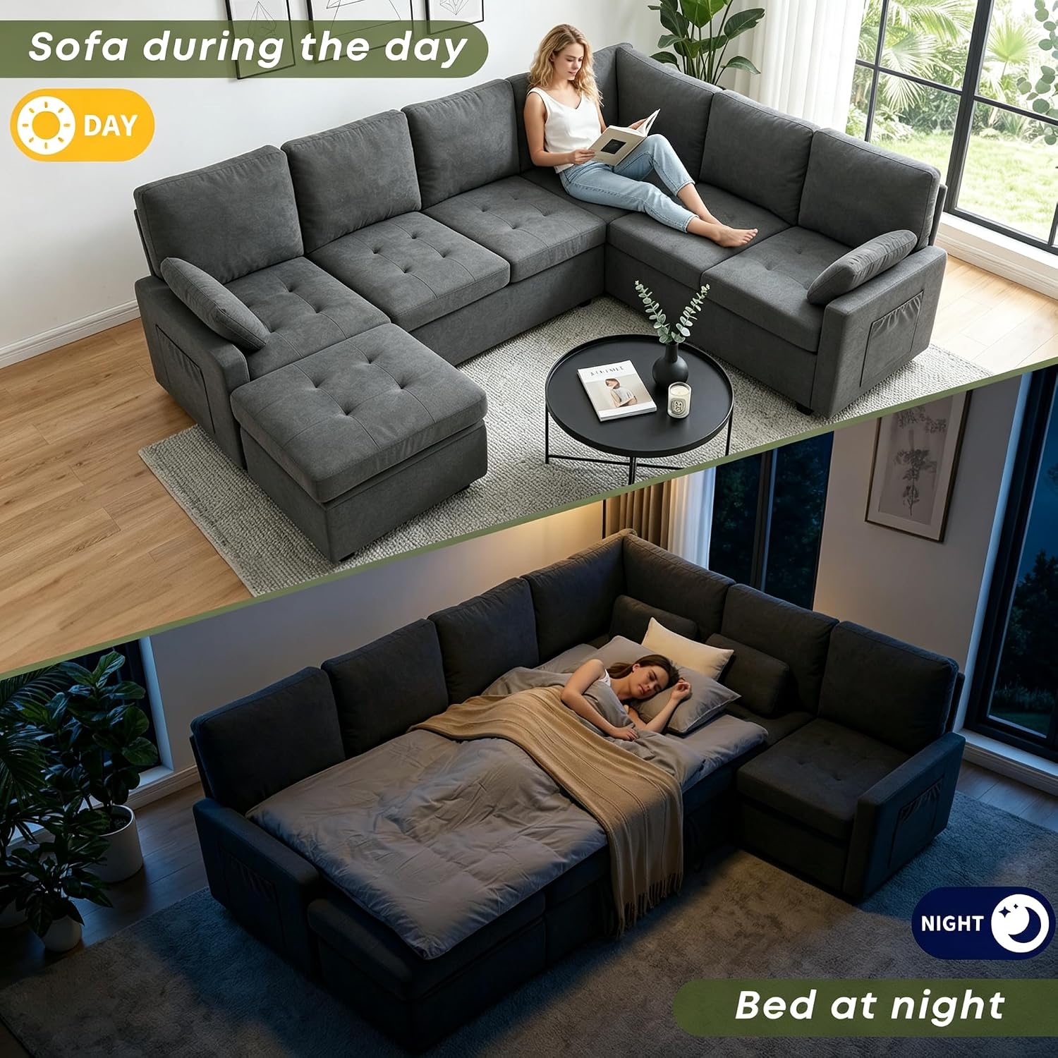 Thumbnail 5 de Huatean Home 200 7-Seat Pull-Out Sectional Sofa with Storage, Flat Gray