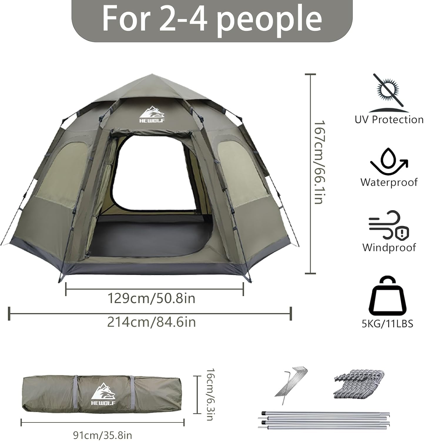 Detalle de Hewolf 2/3/4 Person Camping Tent — Instant Pop Up, Waterproof 4500mm, 2 Doors