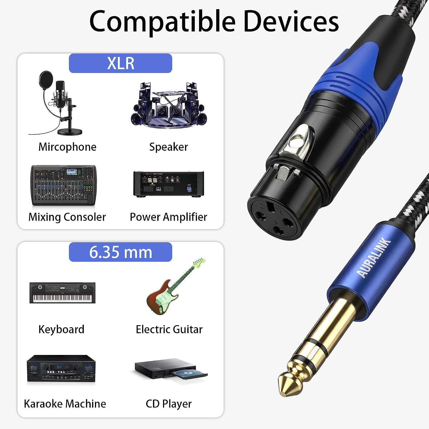Detalle de AURALINK XLR Female to 1/4 Inch TRS Cable (6.35mm) – Braided, Balanced Microphone Cable, 1m