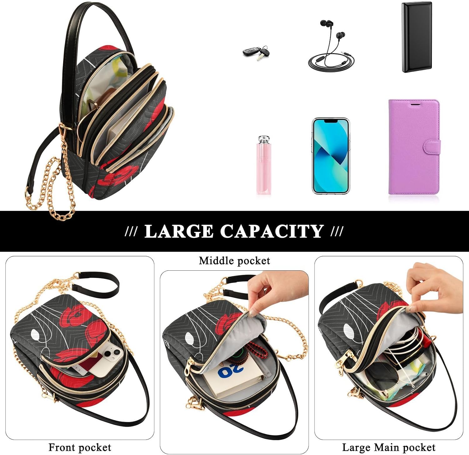 Thumbnail 6 de Mnsruu Crossbody Bag for Women – Red Poppy on Black, Compact Yet Practical
