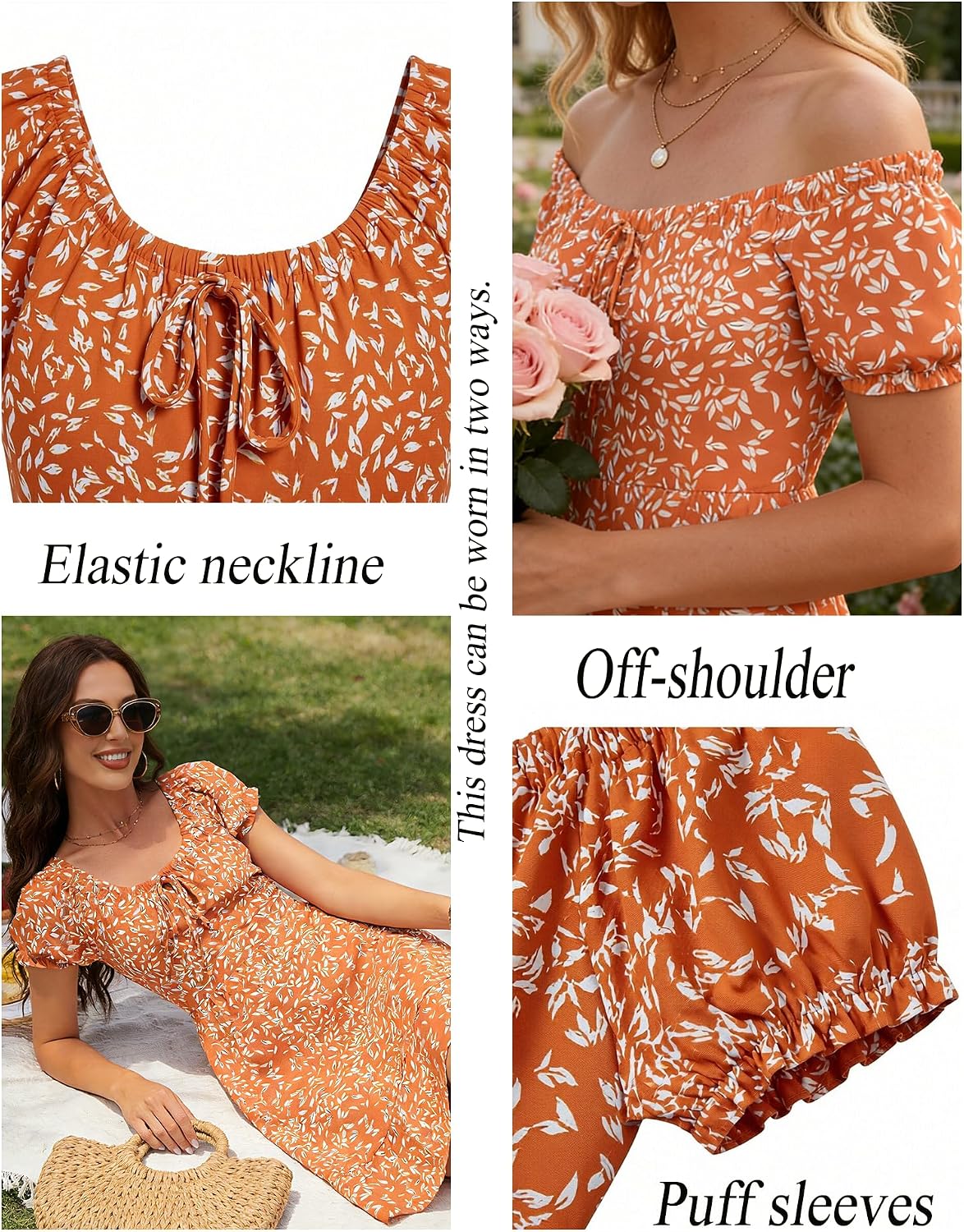 Detalle de AUSELILY Women Summer Dress with Puff Sleeves and Pockets