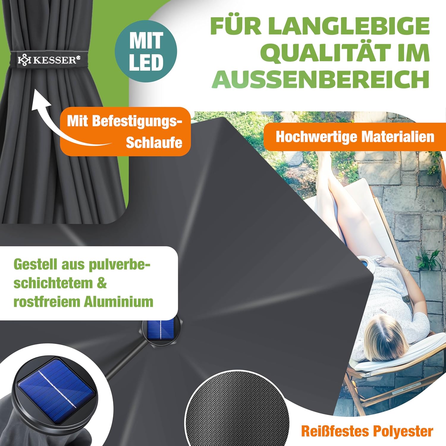 Detalle de KESSER® Alu Ampelschirm LED Solar – 360° drehbar, mit LED-Licht, Kurbel & Abdeckung