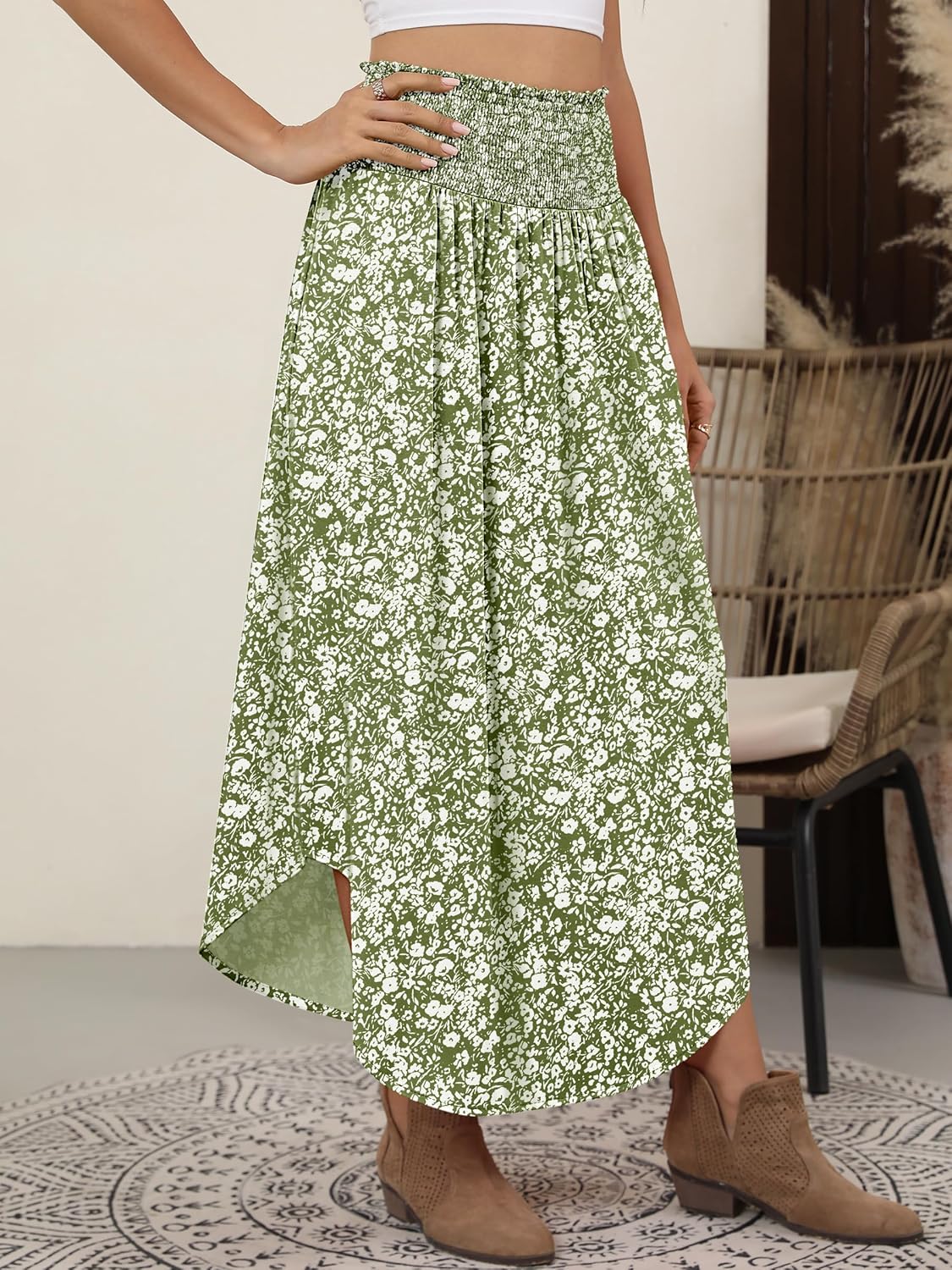 Detalle de ANRABESS Women's Maxi Skirt – Boho Floral, High-Waisted, Pockets, Summer Beach Dress
