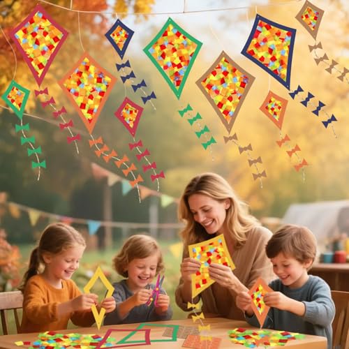 Detalle 2 de Herbstbasteln für Kinder – HILKKET Herbst Fensterbilder Bastelset mit 12 Papierdrachen (6 groß, 6 klein) + Tonkarton & Transparentpapier