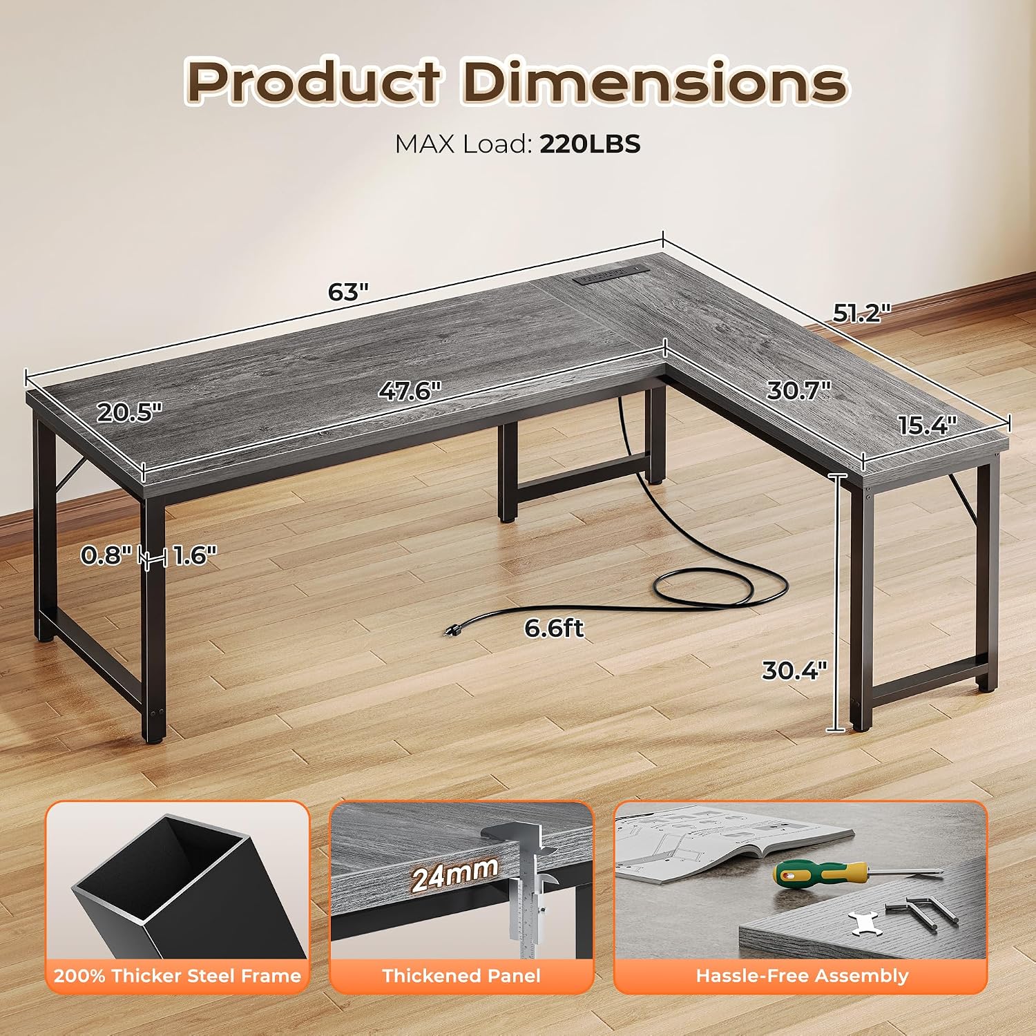 Thumbnail 2 de Huuger 63-Inch Reversible L-Shaped Desk with Power Outlets and 0.95-Inch Desktop