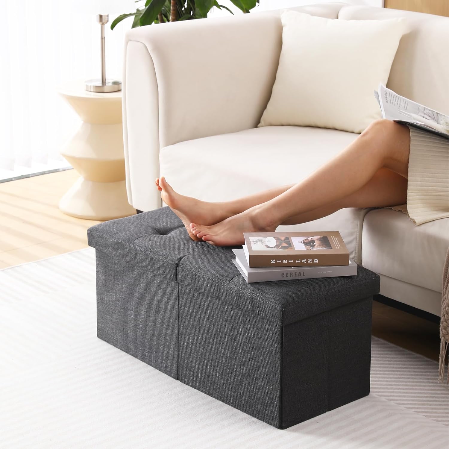 Thumbnail 3 de CUYOCA Storage Ottoman Bench: Foldable Seat, 75L Storage, Linen Sandy Beige