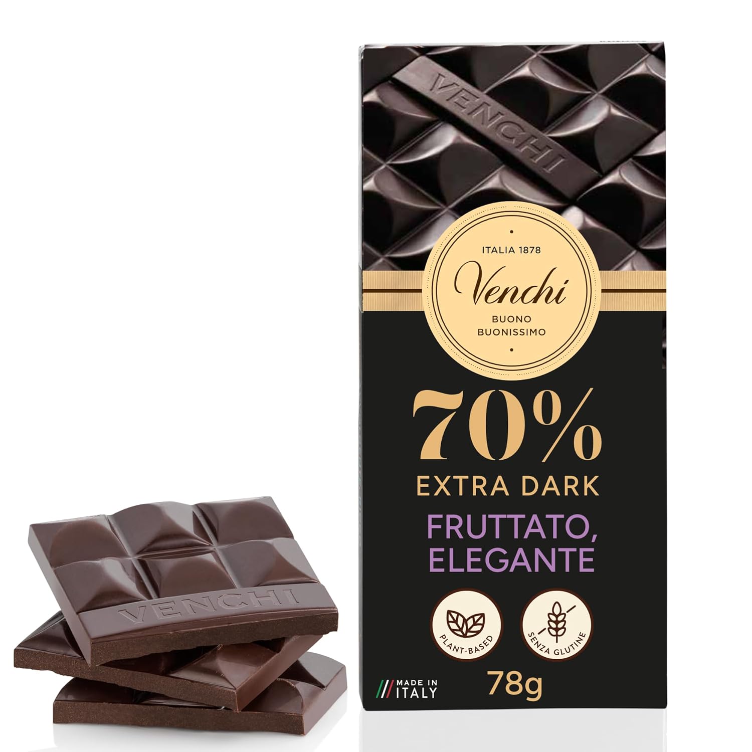Detalle de Venchi Tafel Zartbitterschokolade 70% – 78 g, glutenfrei & vegan