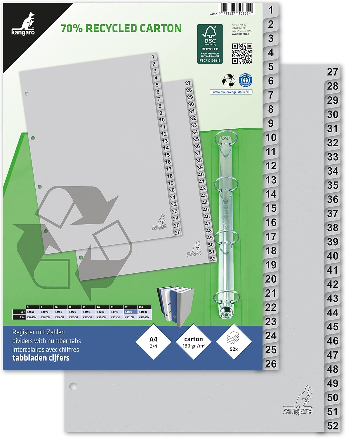 Thumbnail 1 de Kangaro Karton-Register DIN A4 Zahlen 1–52 – 52-teilig, 180 g/m² recycelter FSC Karton, Grau