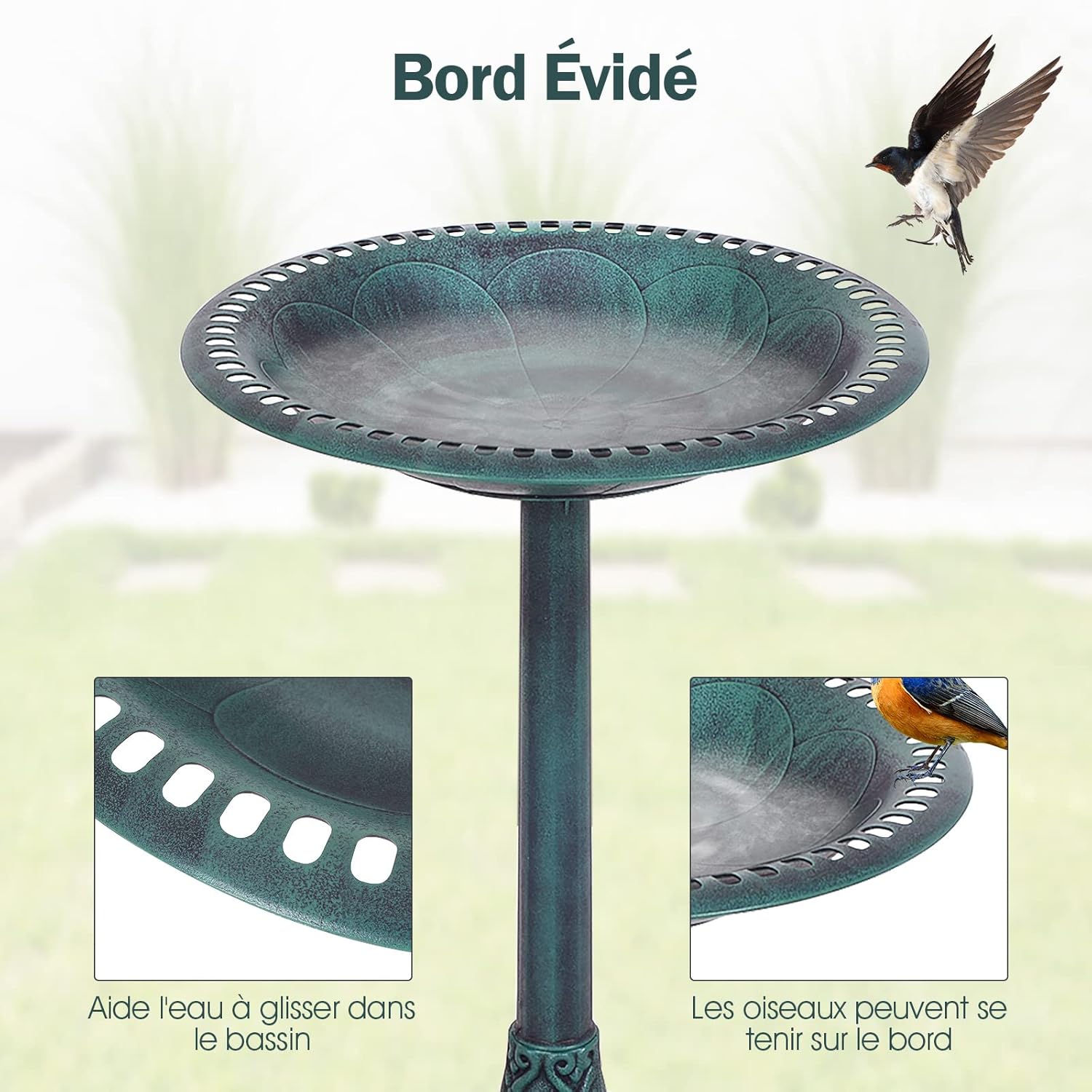 Thumbnail 3 de COSTWAY Abreuvoir Oiseaux Extérieur Plateau Diamètre 50 cm, Hauteur 72 cm – Design Antique Cuivre Vert