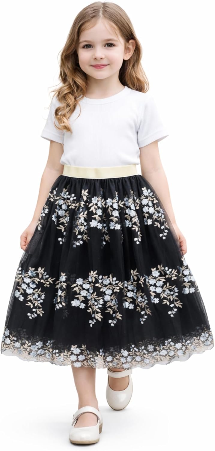 Detalle de es-uk Girls Floral Tulle Skirt with Elastic Waistband – Elegant Party, Wedding & Occasion Skirt for Kids