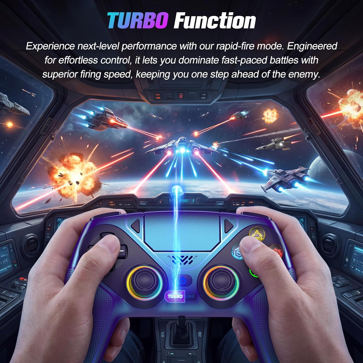Detalle 2 de Dinosoo RGB Wireless Controller for PS5/PC – Turbo, Macro, Dual Vibration, 6-Axis Motion, 3.5mm Audio Jack & 1000mAh Battery