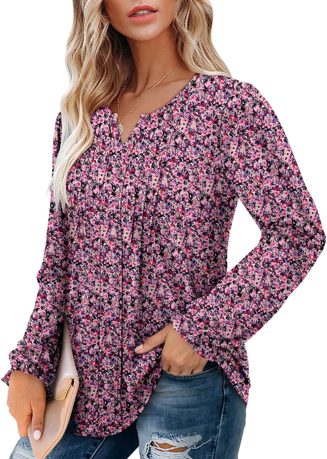 Detalle 2 de onlypuff Women's Tunic Top, V-Neck, Pleated Detail, Puff Sleeves, S–XXXL