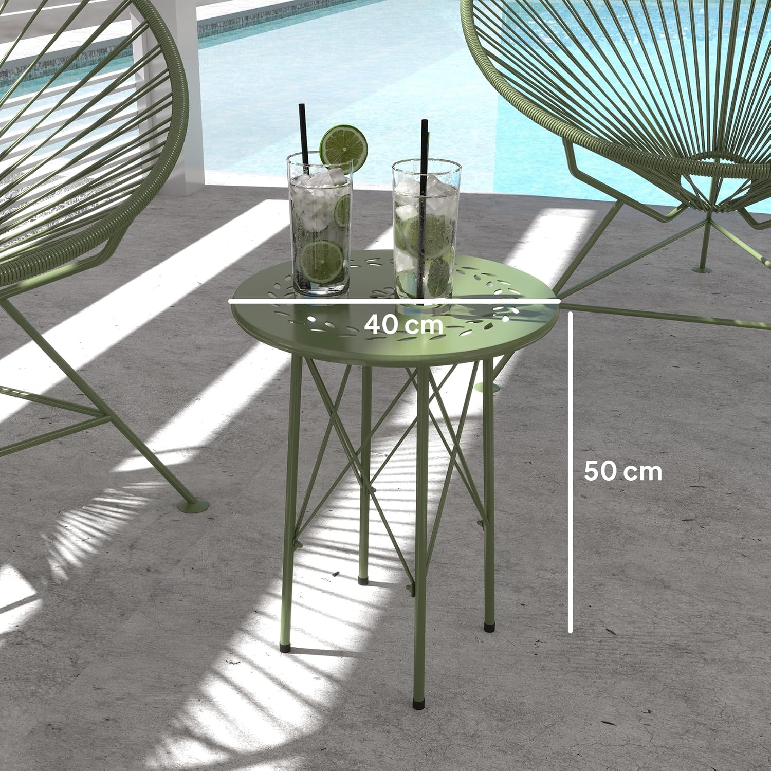 Detalle de Outsunny Petite table d’appoint ronde en acier vert avec décor fleur et feuilles