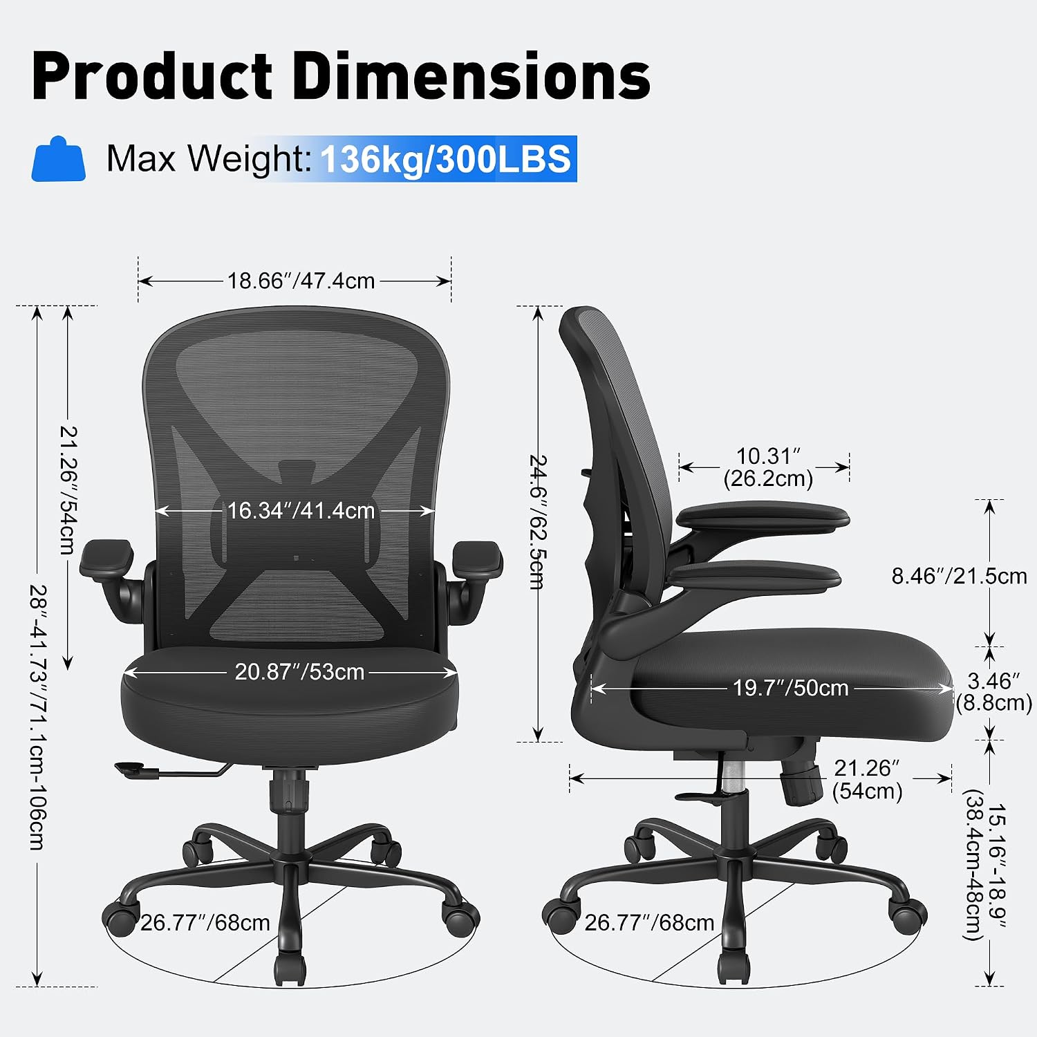 Thumbnail 2 de Keratee Ergonomic Office Chair with Adjustable Lumbar Support – 136 kg Capacity, Mesh Seat & Flip-Up Arms