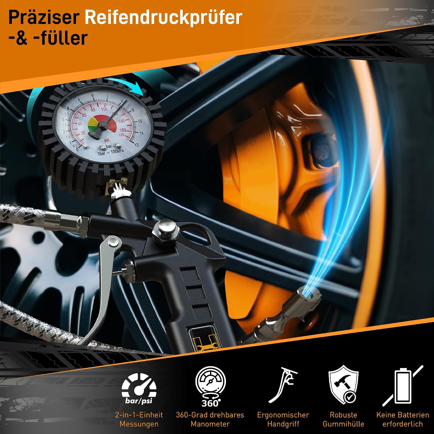 Detalle 2 de Hardtwerk® Reifenfüller Reifendruckprüfer – Reifendruckmesser mit Manometer (0–12 bar) und 304-Edelstahl-Schlauch