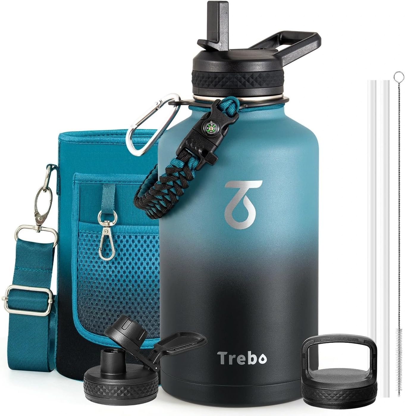 Trebo Insulated Water Bottle 2 L with Paracord Handle & Wide Mouth – Indigo Crush (3 lids)