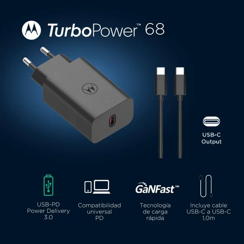 Detalle de Motorola TurboPower 68 SJMC682: Cargador de Red USB-C 68 W con GaNFast