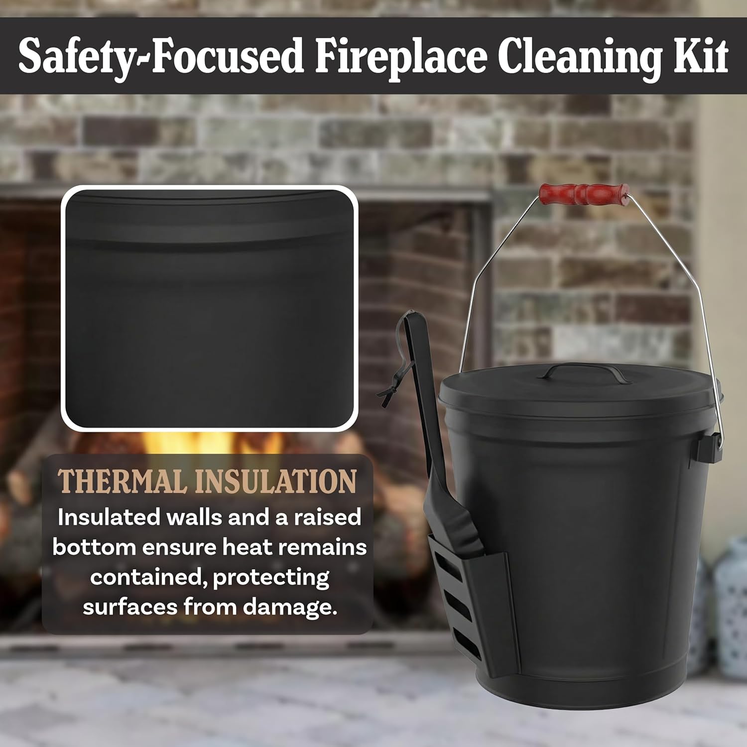 Thumbnail 4 de Ash Bucket - 4.75-Gallon Metal Bucket with Lid and Shovel for Fireplace or Firepit Ashes by Pure Garden (Black)