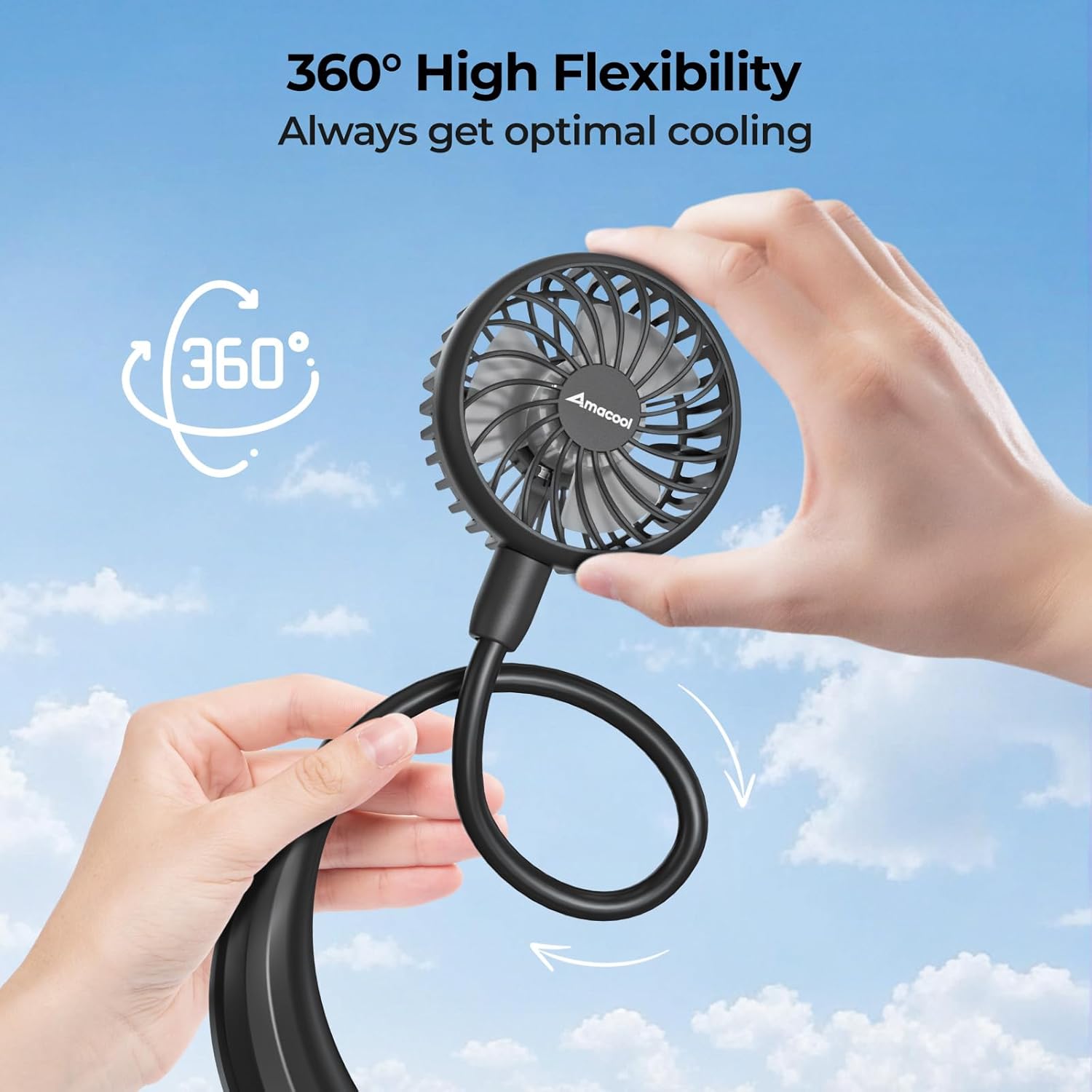 Thumbnail 3 de Amacool Neck Fan Battery Operated Neckband Fan (Black) — 3-Speed Hands-Free Personal USB Fan