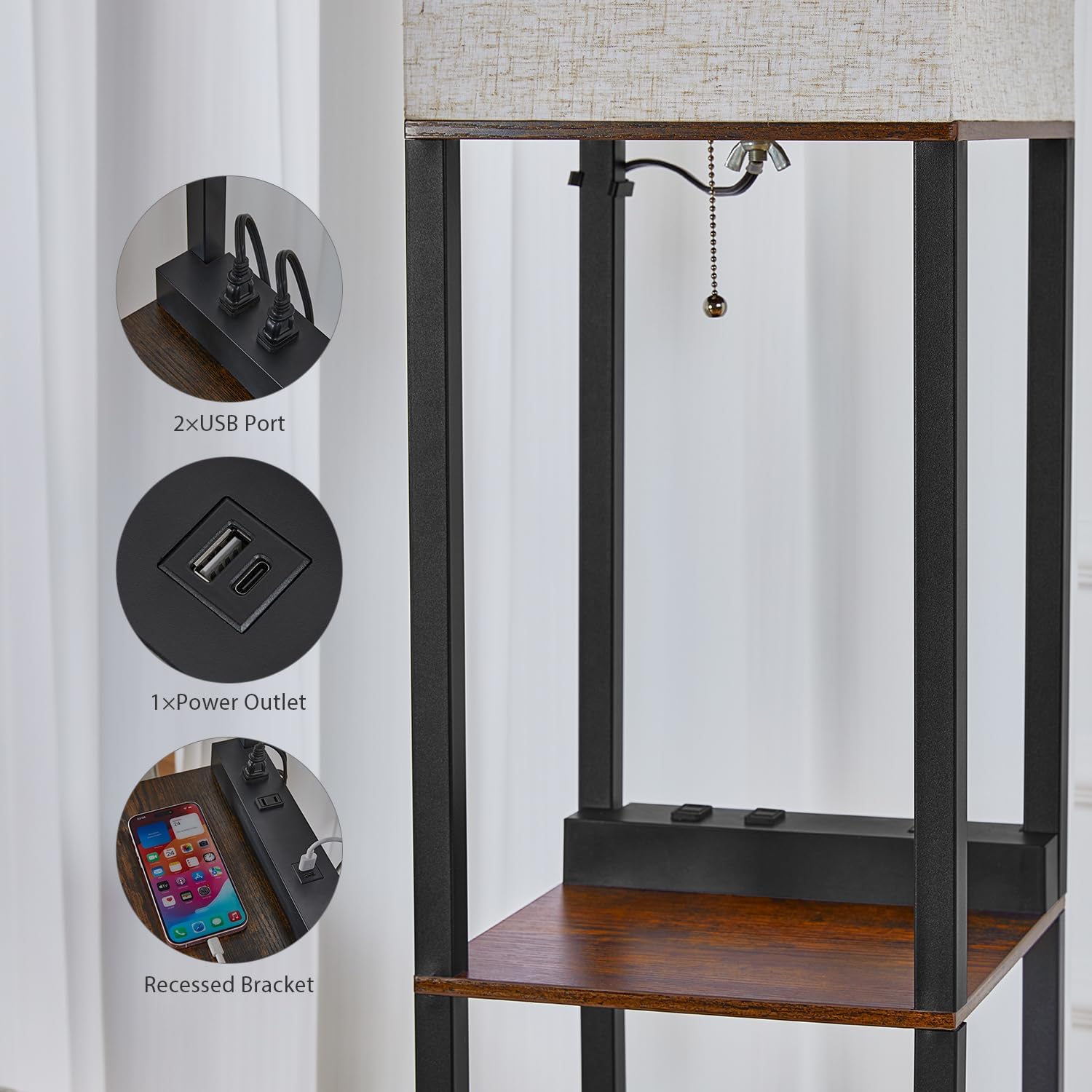 Detalle de Meisoda Floor Lamp with 3-Tier Wood Shelves